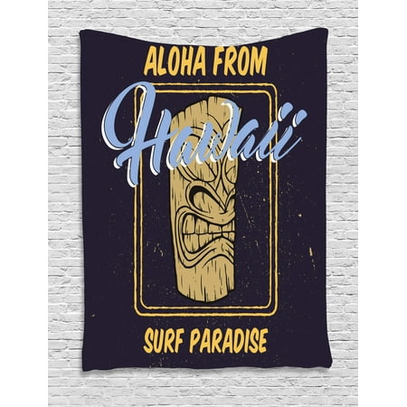 Paradise Surf Sign - Tiki Bar Decor Tapestry, Aloha From Hawaii Surf Paradise Retro Style Tiki Statue Print, Wall Hanging for Bedroom Living Room Dorm Decor, 40W X 60L Inches, Indigo Apricot Light Blue, by Ambesonne