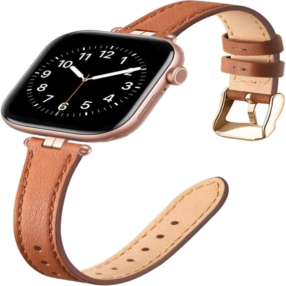 DESIGNICE Thin Leather Band Compatible with Apple Watch Band 41、40、38、42Mm(Series11 10)Women,Stylish Top-Grain Leather Strap Slim Wristband for Watch Se3/2/1 Series 9 8 7 6 5 4 3 2 1,Brown/Rose Gold
