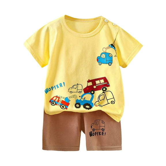 NIEWTR Children's Summer Cartoon Dinosaur Print Short Sleeved Elastic Shorts Two Piece Set Boys' Casual T Shirt Set Pajamas & Dailywear Set 7-8 Years,Yellow