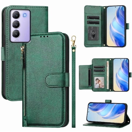 Filp Case for VIVO V40SE 5G Zipper Pocket Magnetic Flip Wallet Phone Case with 7 Card Slots and Wrist Strap
