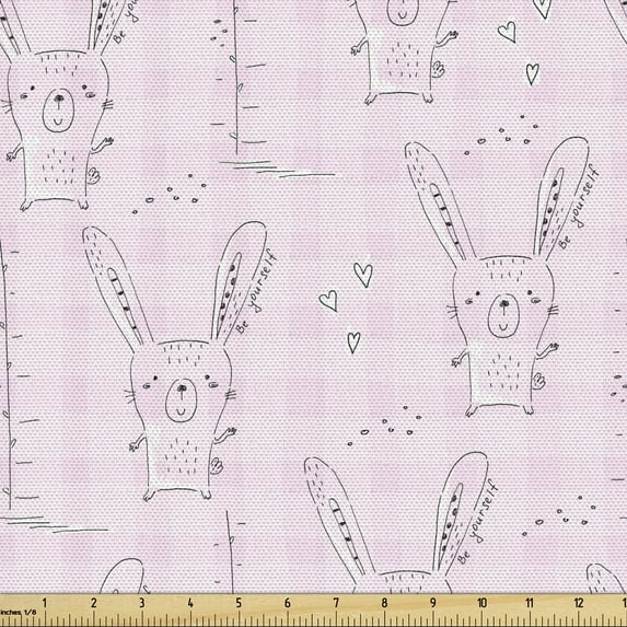 Animal Fabric by the Yard, Funny Garden Forest Rabbits and Hearts Doodle on Checkered Geometric Backdrop, Upholstery Fabric for Dining Chairs Home Decor Accents, Pale Pink by Ambesonne