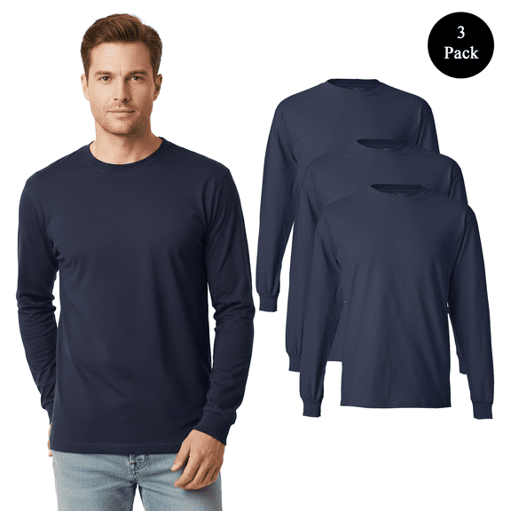 Hanes Men's Beefy-T Long Sleeve T-Shirt, Soft Durable Crewneck Casual Comfort Tee, Navy, 3-Pack S