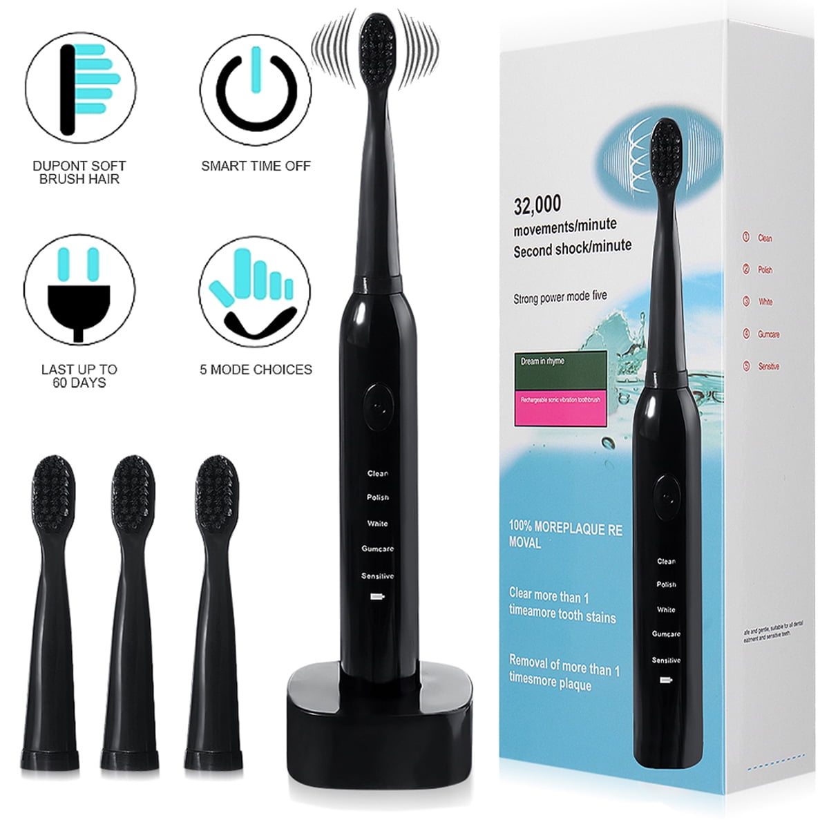 Sonic Electric Toothbrush with 4 Brush Heads for Adult Kids, IPX7 ...