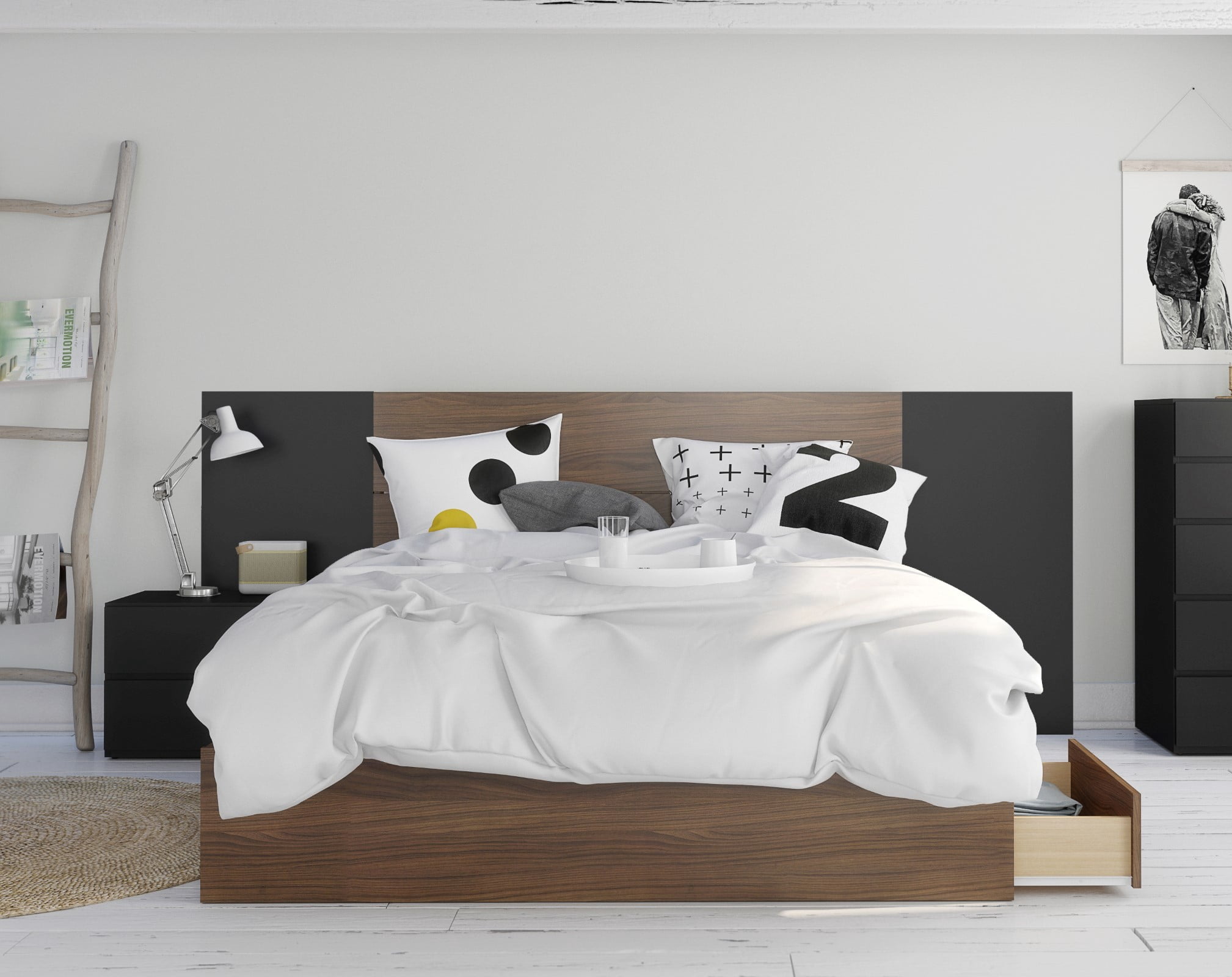 Juno 4 Piece Queen Size Bedroom Set, Walnut & Black - Walmart.com