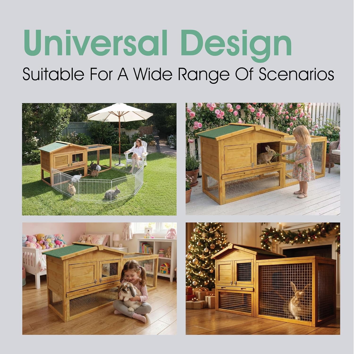 Wooden Rabbit Hutch Indoor and Outdoor, Large Rabbit Cage Chicken Coop Expandable, Weatherproof Bunny Cage with Anti-Chew Metal Frame Ramp for Backyard Small Animals Rufous, Natural