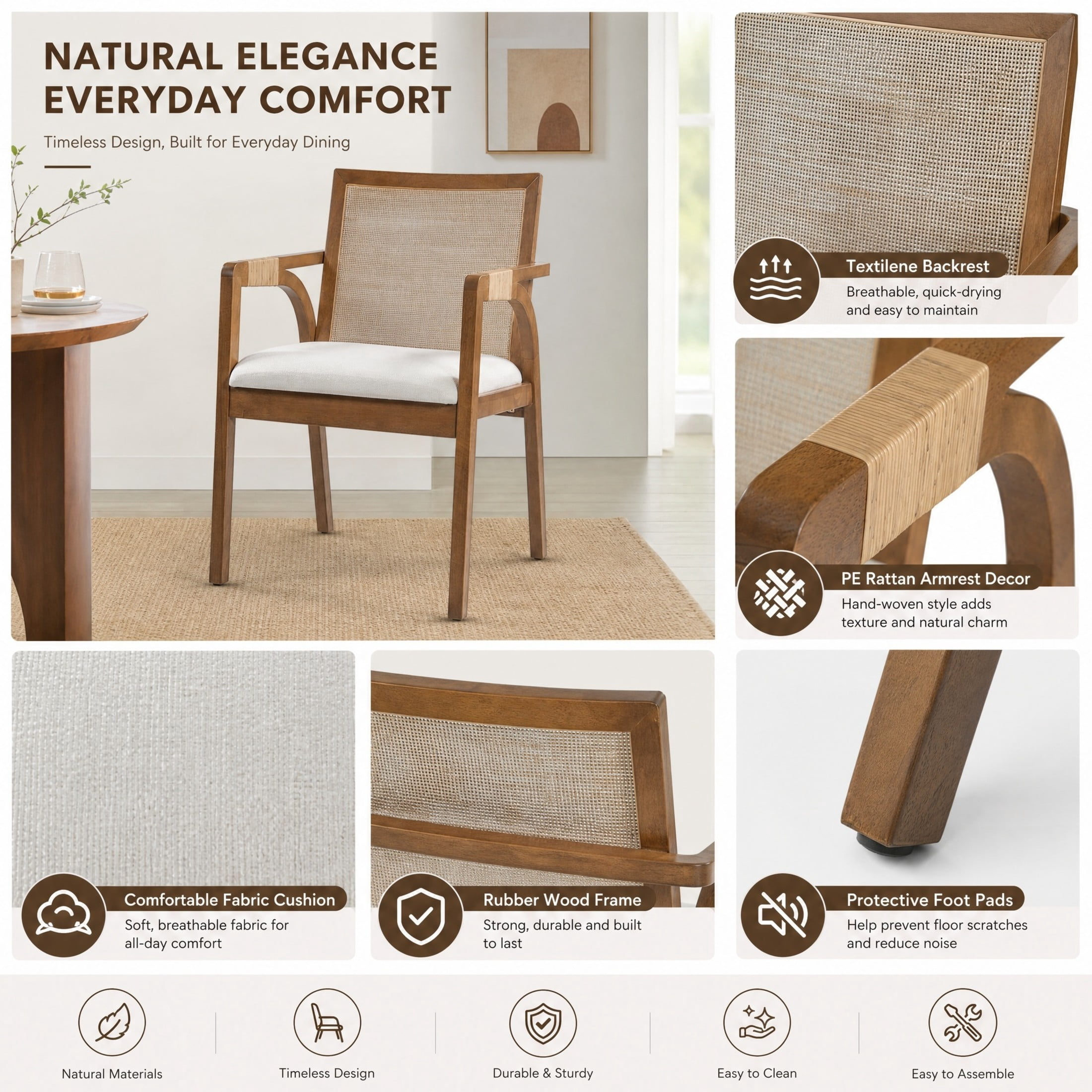 Christopher Knight Home 7-Piece Mid-Century Dining Set, 71" Table with Textilene Back Chairs, Walnut+Beige