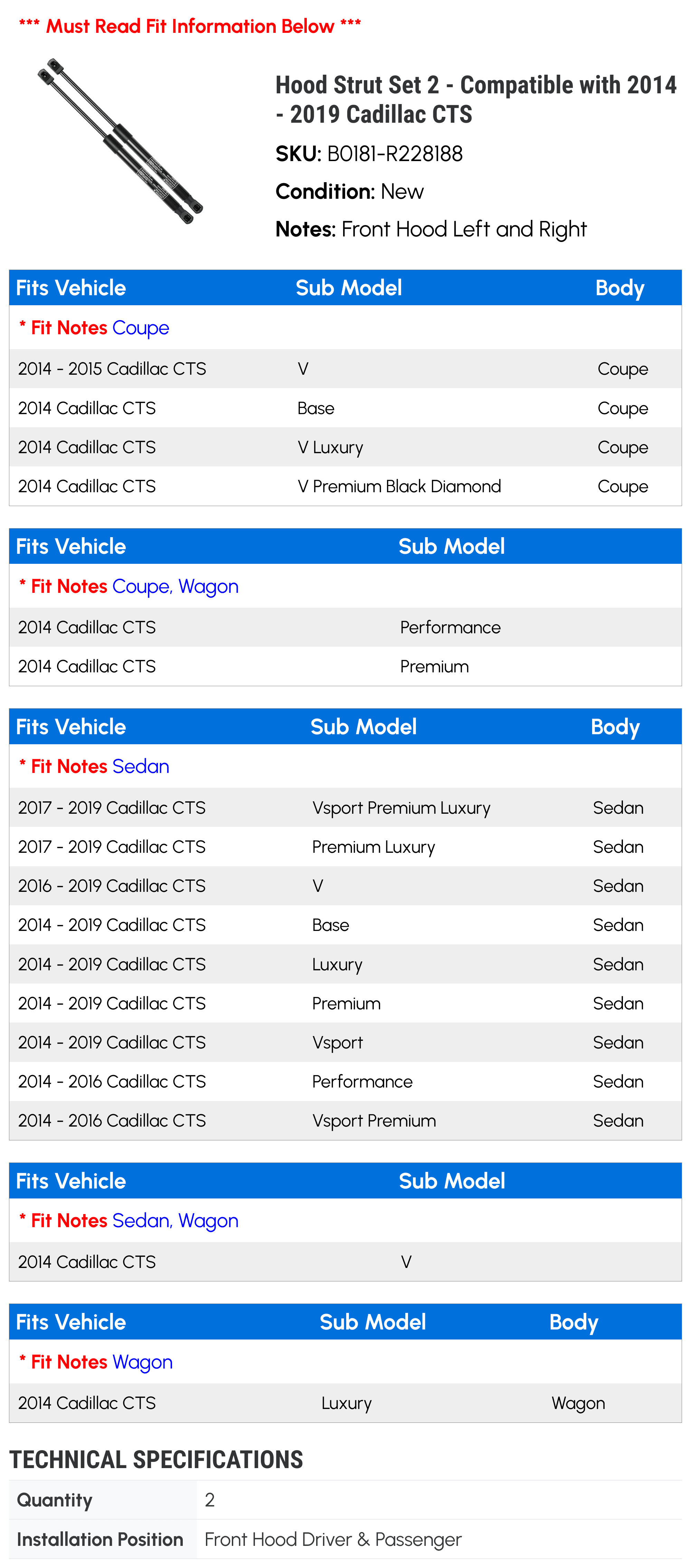 Hood Strut Set 2 - Compatible with 2014 - 2019 Cadillac CTS - Autopart Premium