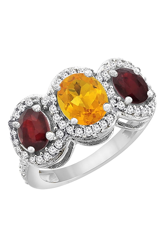 10K White Gold Natural Citrine & Enhanced Ruby 3-Stone Ring Oval Diamond Accent, size 10