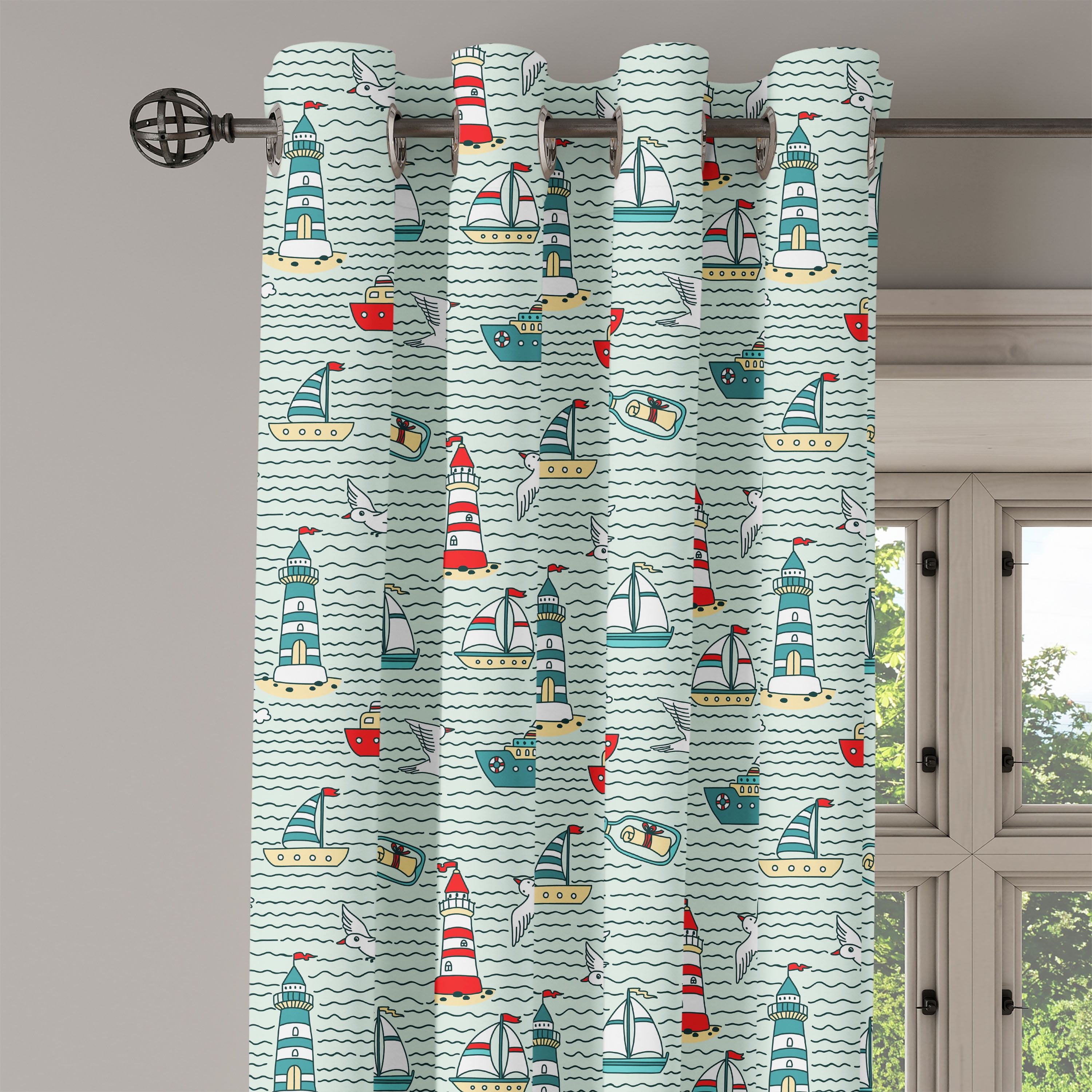 Lighthouse Grommet Curtain, Seagulls Lighthouses Message Bottles