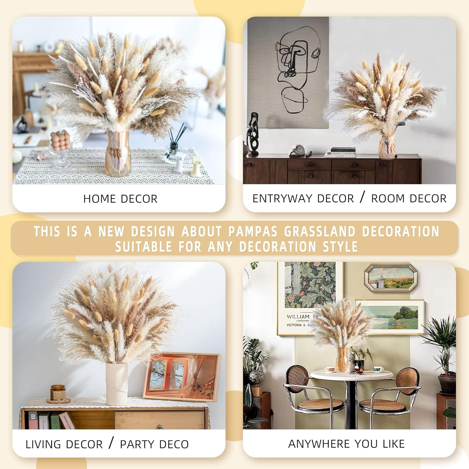 150PCS Natural Pampas Grass 8-Kind Mixed Bouquet | Dried Pampas Bouquet for Wedding, Boho Flowers, Home Table & Desk Decor, Rustic Farmhouse Decor