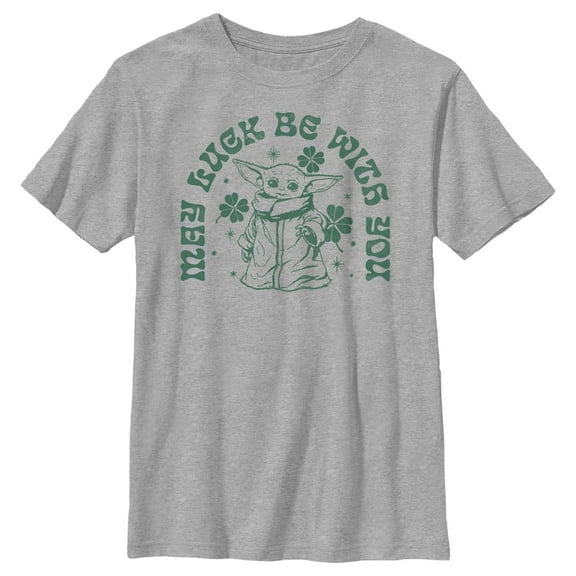 Boy's Star Wars: The Mandalorian St. Patrick's Day Grogu May Luck be with You Retro Graphic Tee Athletic Heather Medium