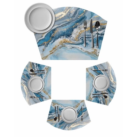 Blue Marble Round Placemats Set of 6, Modern Contemporary Luxury Yellow Placemats for Round Dining Table Shape Wedge Placemats for Outdoor Indoor Wipeable Clean Table Place Mats