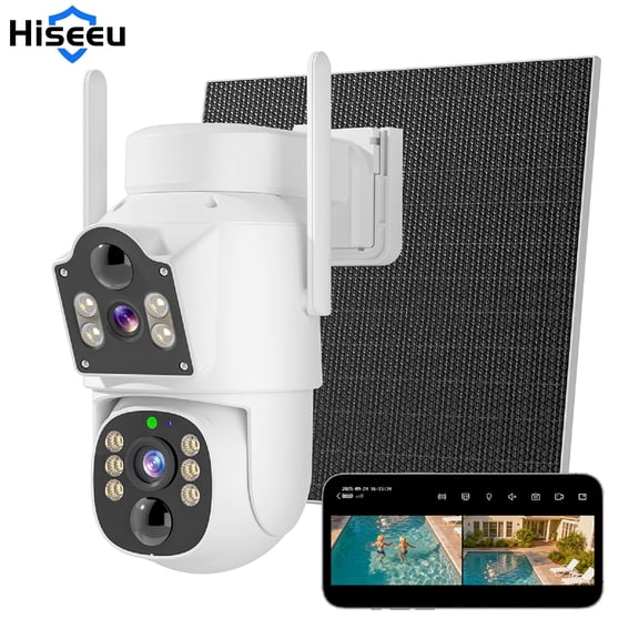 Hiseeu 4MP Dual Lens Solar Battery Security Camera, 360° View Wireless Outdoor Camera, Waterproof PIR Detection 2-Way Audio
