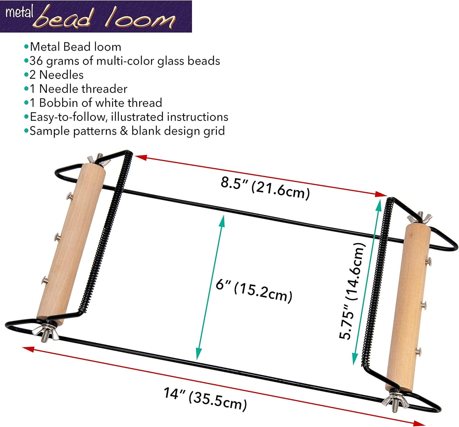 The Beadsmith Extra Wide Metal Bead Loom Kit, Includes Extra Wide Loom (14.5" x 6" x 8.5"), Thread, Needles, and 36 Grams Glass Beads for Bracelets, Necklaces, Belts, and More