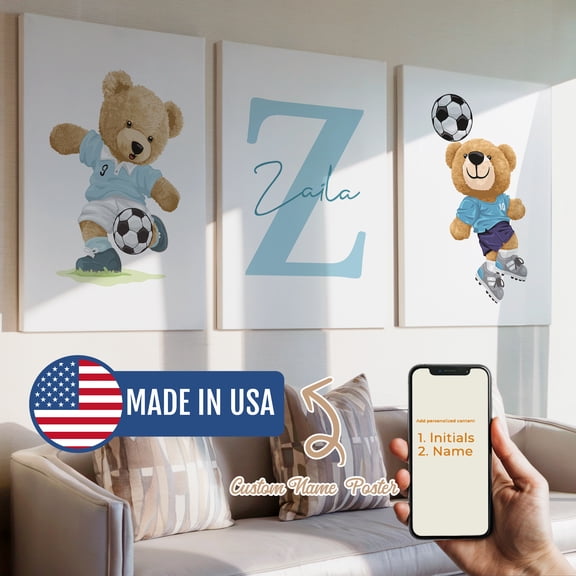 3pcs Teddy Bear Football Name Customization Decorative Painting, Canvas 8x12inch Unframe, Waterproof Wall Art for Home Decor-Made in USA