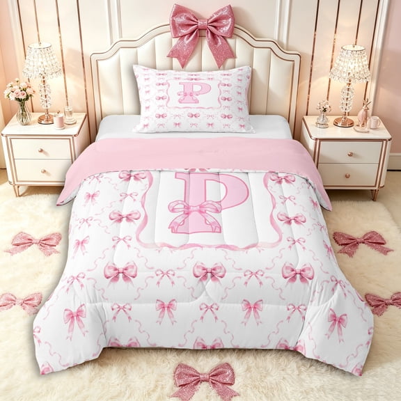 Manfei Romantic Shabby Chic P Personalized Initial Twin Comforter Sets 3-Piece for Girls Teens,Kids Princess Style Bow Knot Plaid Bedding Set,Pink Reversible,Lightweight Room Decor