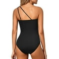 thumbnail image 4 of Bjutir Womens One Piece Swimsuits Tummy Control Slanted Shoulder Hollow 1 Piece Swimsuit Solid Color Summer Plus Size Retro Ruched One-Piece Beach Swimwear Black M, 4 of 8