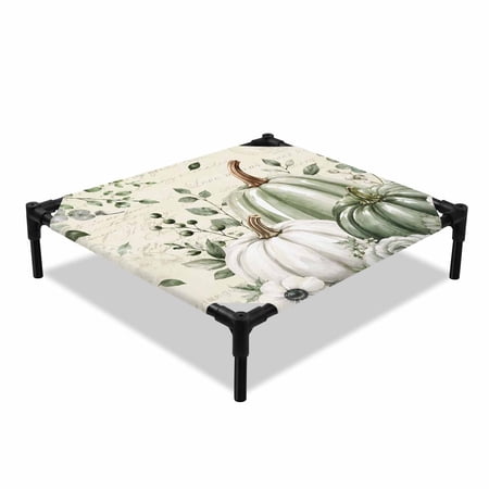 Thanksgiving Elevated Dog Bed Fall Country Vintage Green Pumpkin Flowers Berry Leaf Cooling Breathable Outdoor Raised Dog Cot Bed with Metal Frame Non-Slip Feet for Small Dog 20x20in