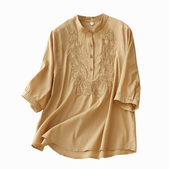 Cotton Linen Tops for Women 3/4 Sleeve Loose Embroidery Quarter Button Up Shirts Round Neck Light Casual Tunic Blouses (XL, Yellow)