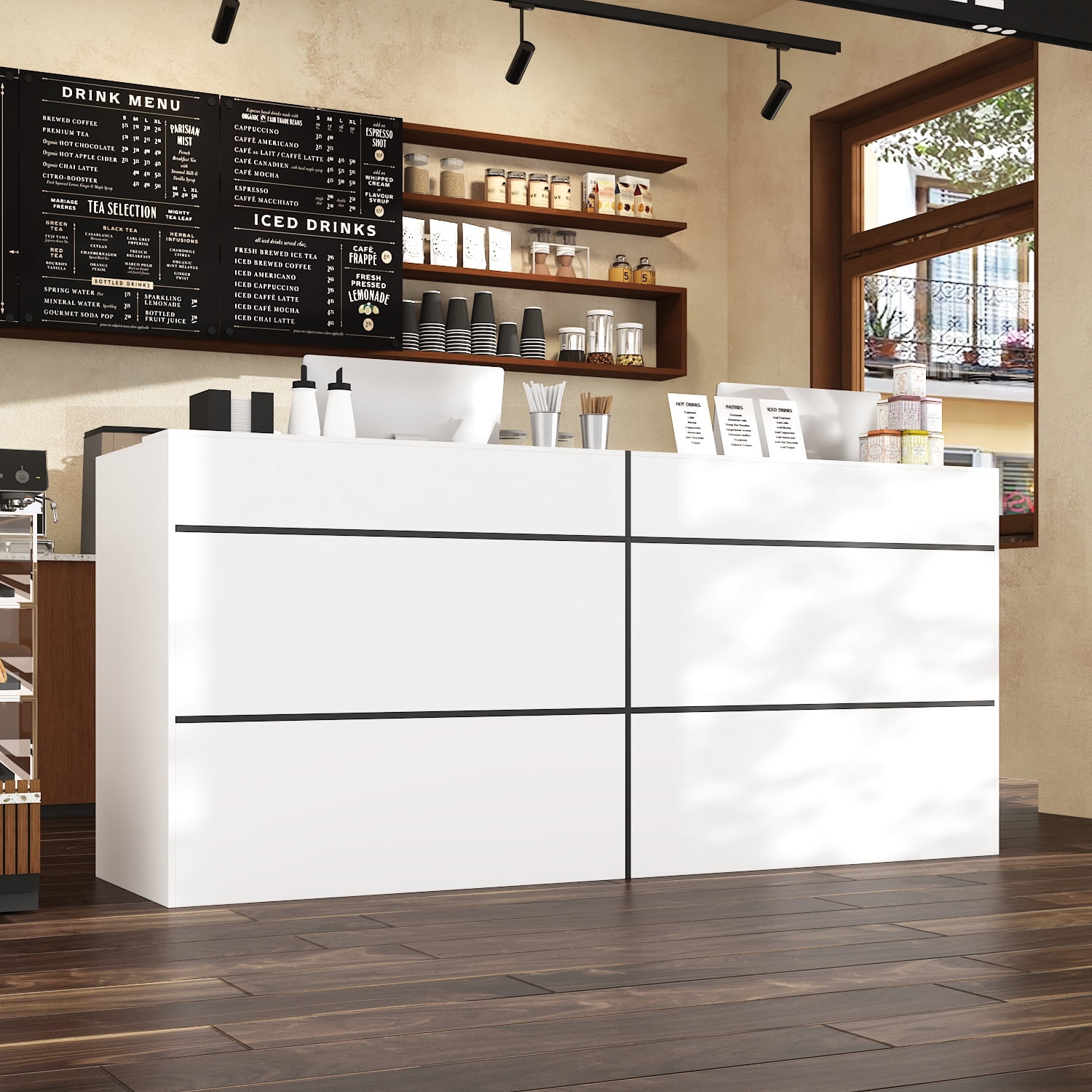 KULAGAGA Reception Desk with Shelves, Modern Front Counter Table Checkout Retail Counter for Reception Room Lobby Shop