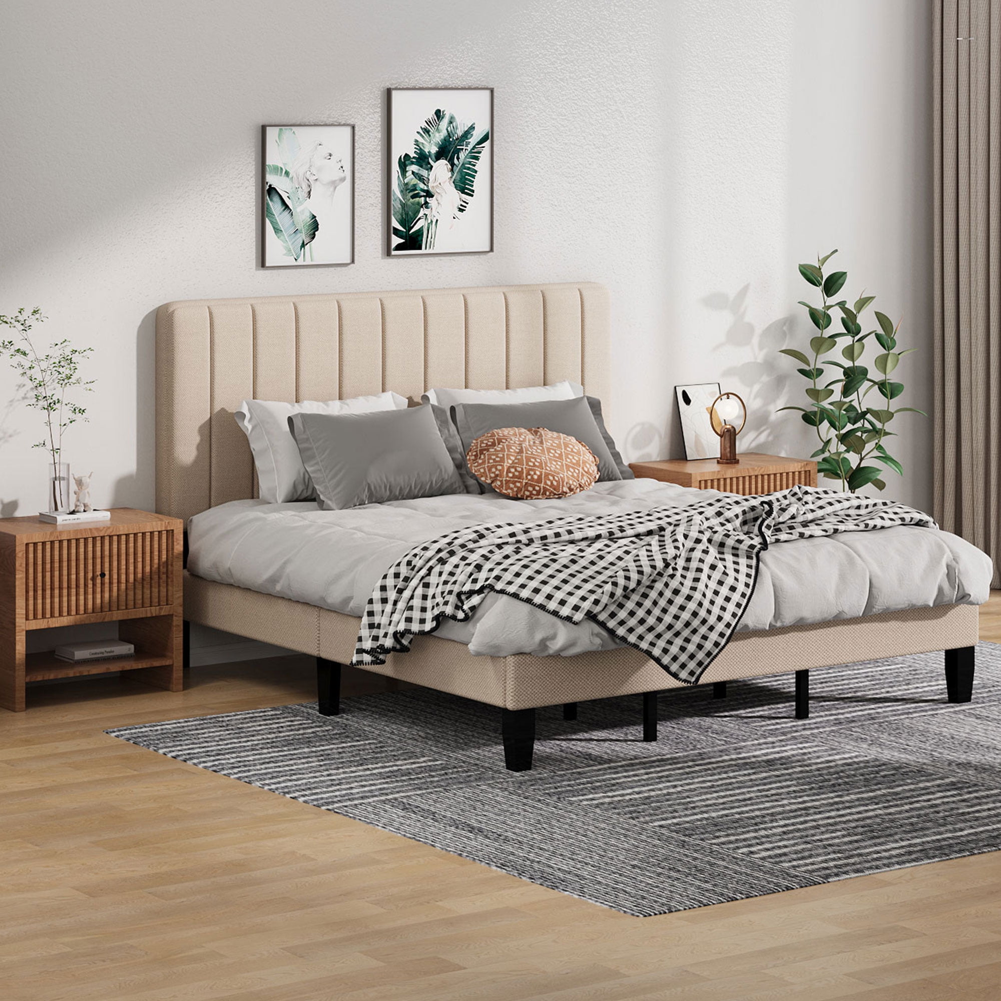 Pingliang Home King Size Bed Frame with Adjustable Upholstered Headboard&Wood Slats Support,Beige