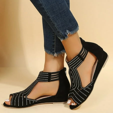 

FZM Women shoes Women Rhinestone Decor Ankle Strap Sandals Open Toe Shoes Wedges Sandals Causal Shoes