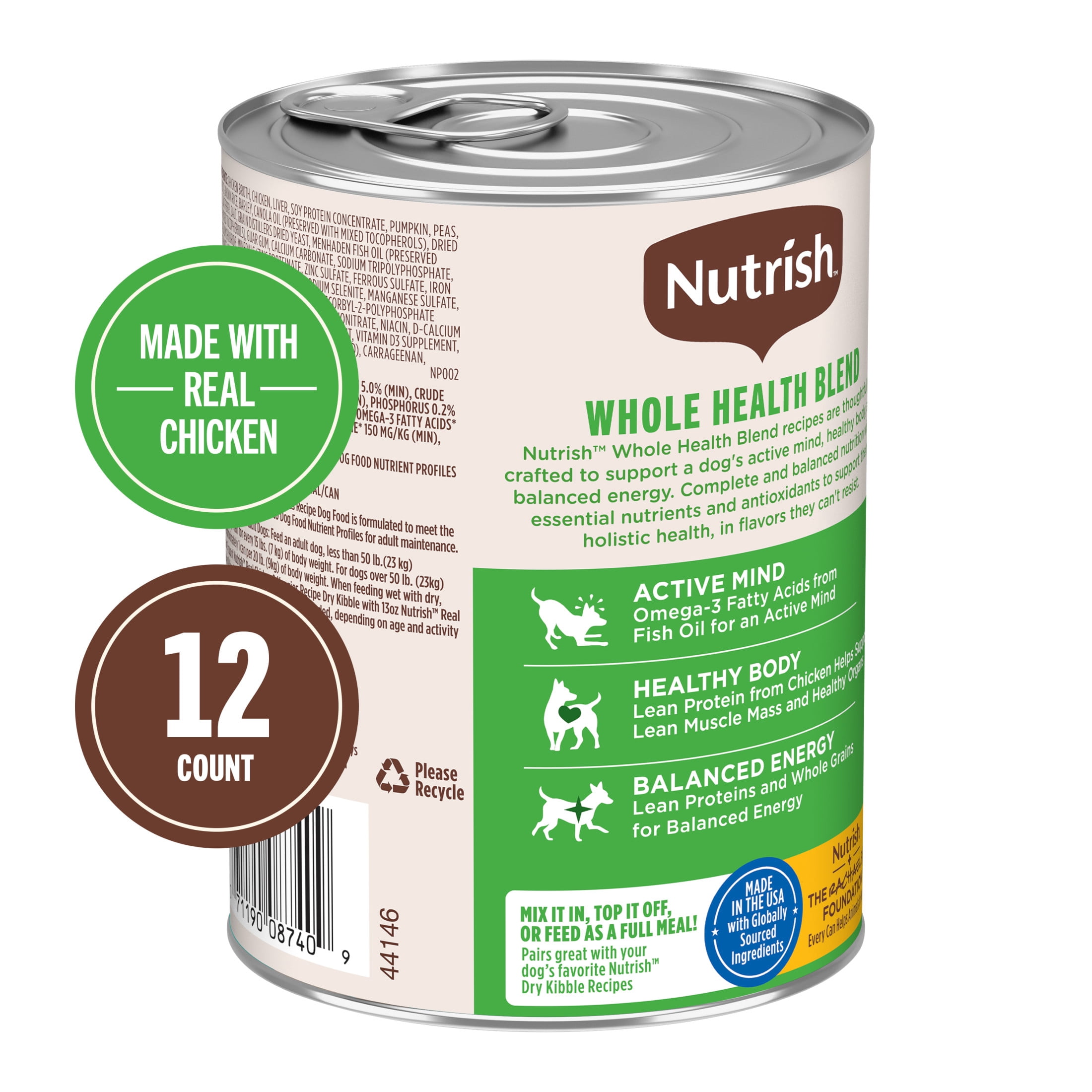 Nutrish Real Chicken & Veggies Recipe Whole Health Blend Chunks in Gravy Wet Dog Food, 13 oz. Can, 12 Count (Rachael Ray)