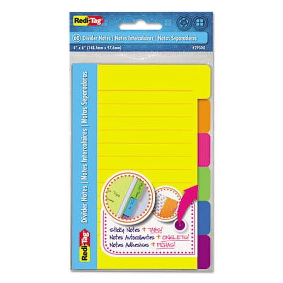 5PK Redi-Tag Index Sticky Notes, 6-Tab Sets, Note Ruled, 4" x 6", Assorted Colors, 60 Sheets/Set, 2 Sets/Pack (29500)
