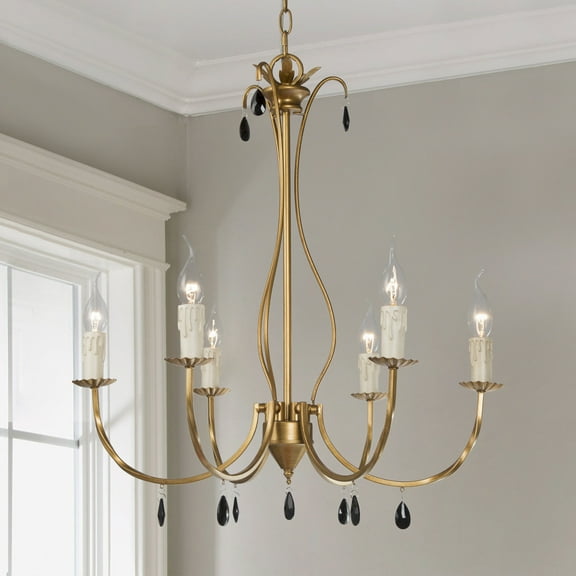 LNC Antique Chandelier 6-lights Golden Brushed Chandeliers with Black Crystal Pendant