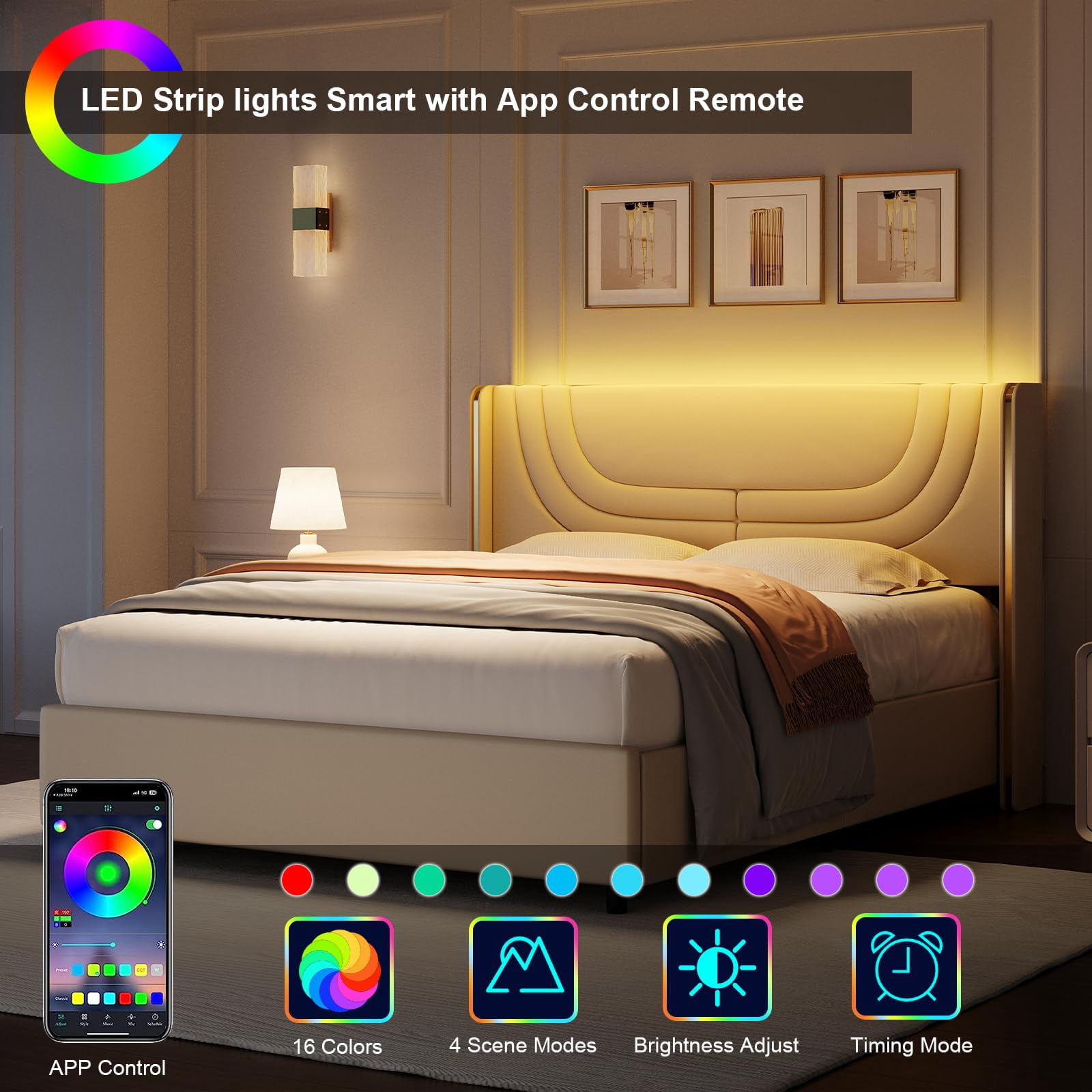 4 EVER WINNER Queen Size LED Bed Frame, Upholstered Platform Bed with LED Light Headboard, Beige Queen Bed Frame, Beige