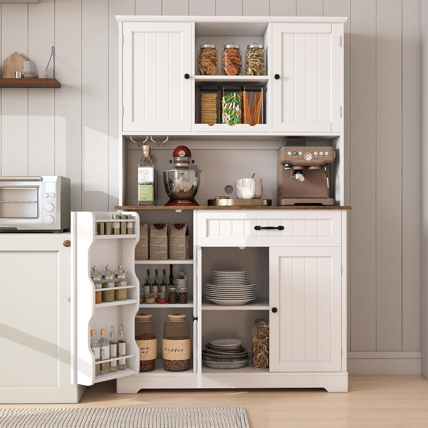 67" Kitchen Hutch Cabinet with 5 Doors and 14 Shelves, Noelse Large Wooden Kitchen Pantry Storage Cabinet with Drawer, Tall Coffee Bar for Dining Room, White and Rustic