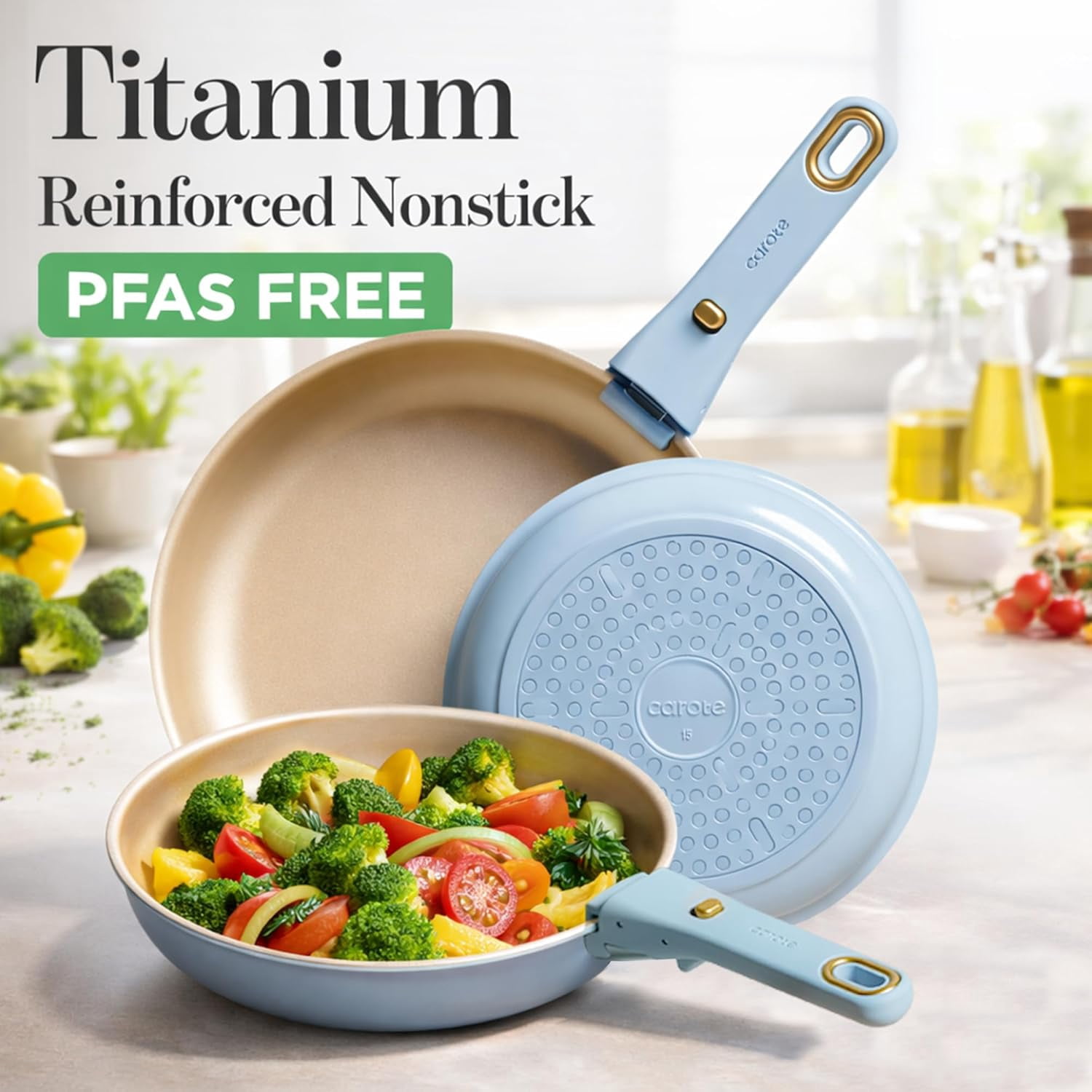 18-Piece  Reinforced Nonstick Cookware Set with Detachable Handles, Blue Induction Pots and Pans for Home Kitchen