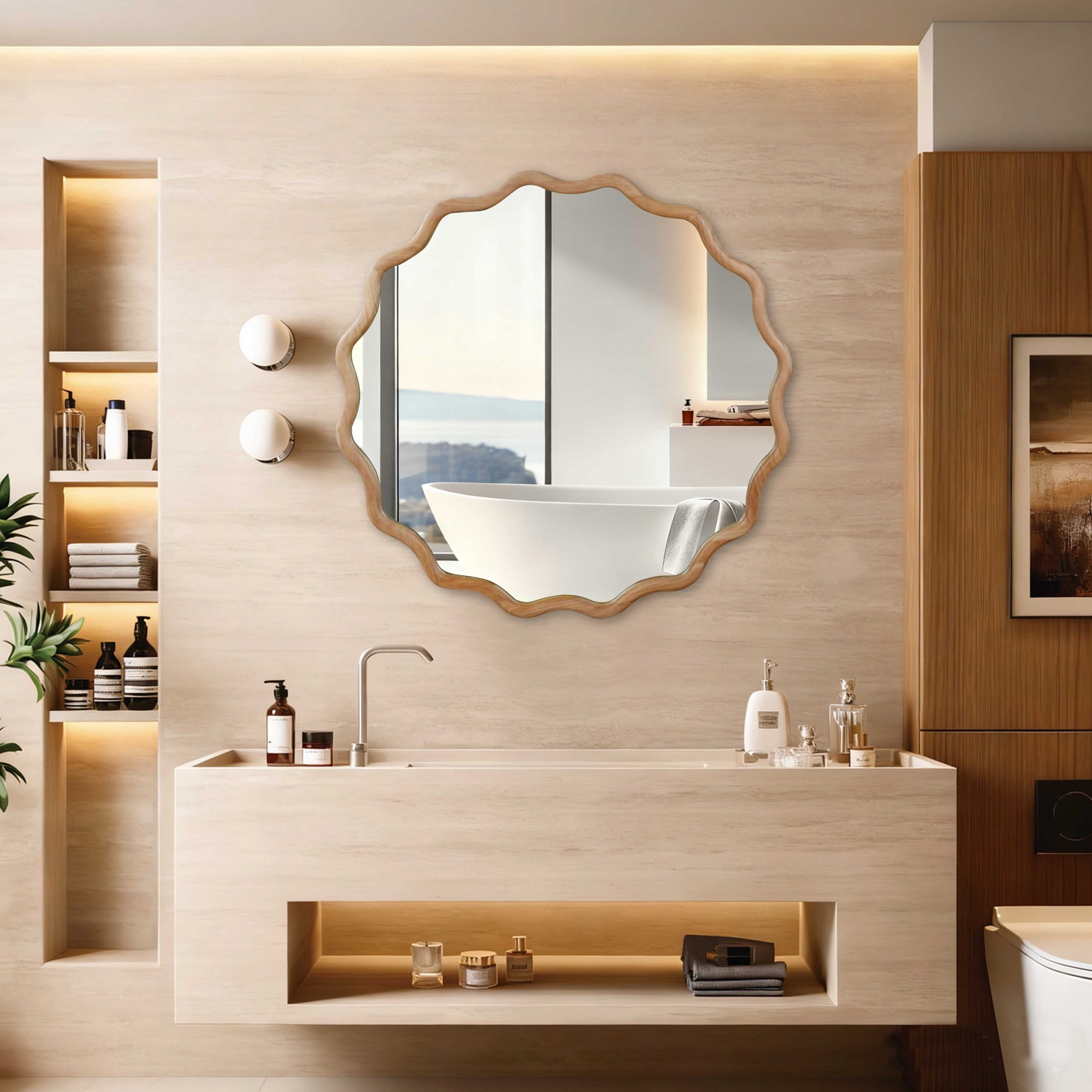 Leumius 36" Wavy Round Mirror, Solid Wood Frame Decorative Mirror for Bedroom Bathroom Living Room Entryway Natural