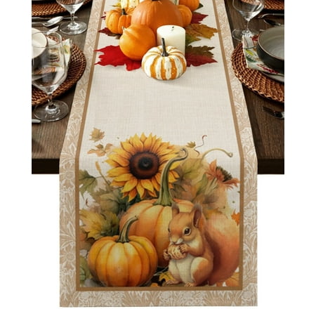 

Thanksgiving Pumpkin Squirrel Sunflower Retro Table Runner for Dining Table Wedding Decor Tablecloth Home Party Decor Table Mats