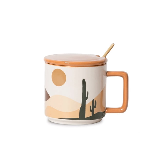 Juego de 1 taza de café con tapa y cuchara, rosa y marrón, capacidad de 450 ml for leche y desayuno.