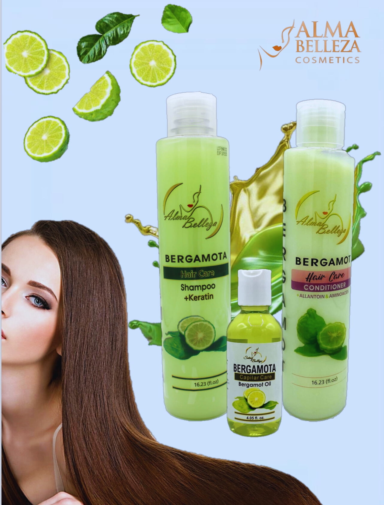Bergamota Shampoo (16.23 fl. oz) + Conditioner (16.23) + Beauty oil  (4 fl. oz) ALMA BELLEZA's Bergamota hair care set