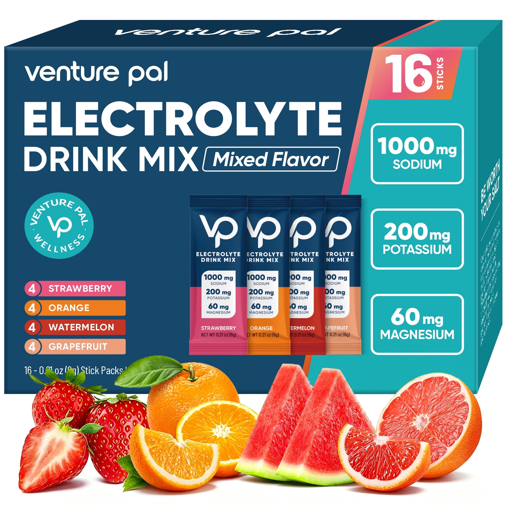 Venture Pal High Sodium Sugar Free Electrolytes Powder Packet - Hydration with Vitamin, Sodium & Potassium, Zero Calories, Vegan, Keto & Paleo Friendly Drink Mix