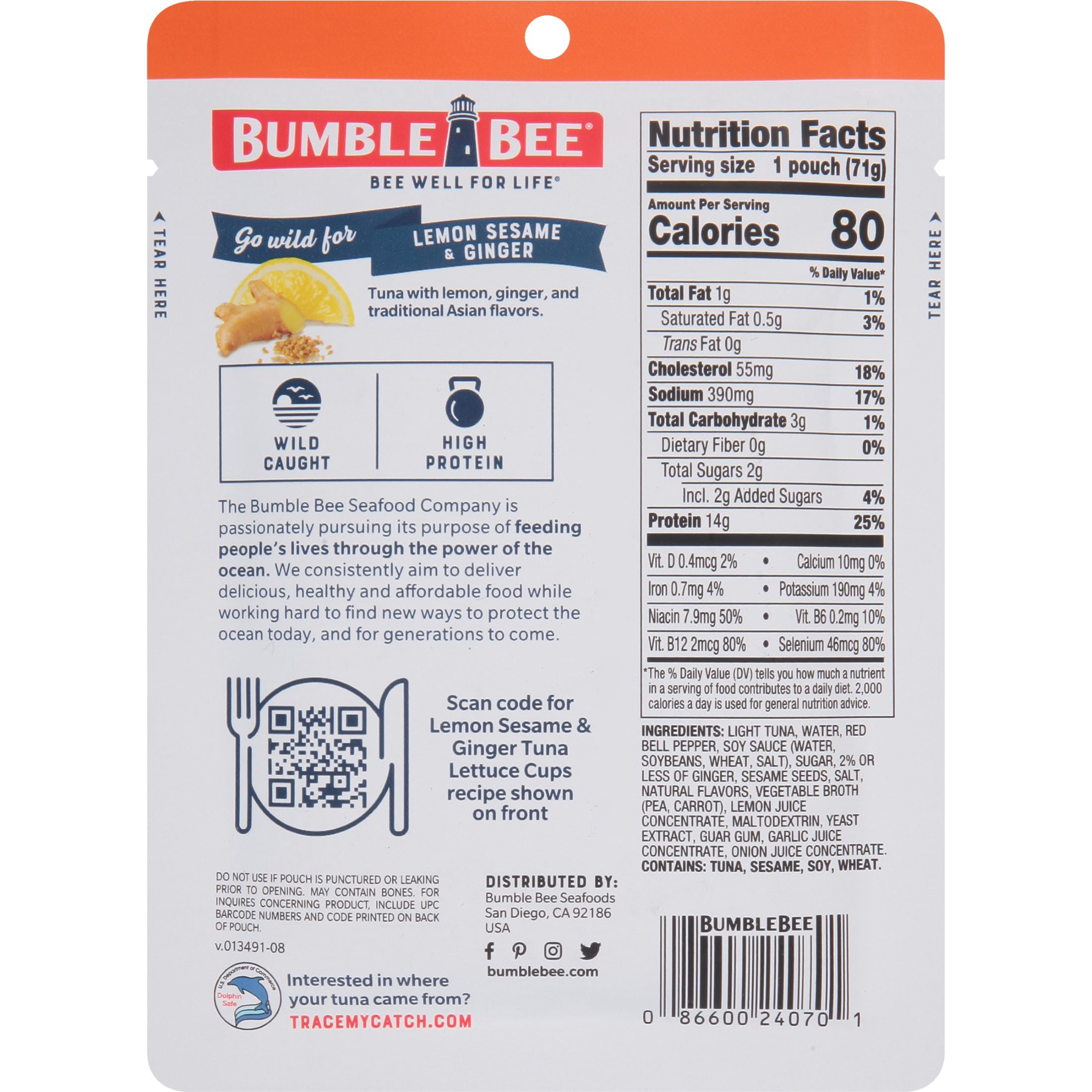 (12 pack) Bumble Bee Lemon Sesame & Ginger Seasoned Light Tuna, Wild Caught, Ready to Eat, 14g Protein per Serving, Shelf Stable Pouch, 2.5 oz