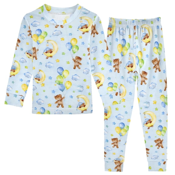 Iauyy Children Cotton Long Sleeve Sleep Tee and Pants Pajama Set, Blue Bears Printed 2-Piece, Size 18M-8Y