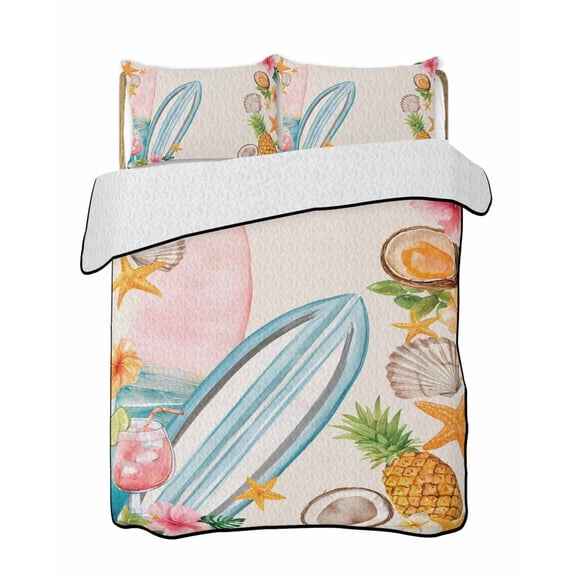 Twin Quilt Bedding Set, Coastal Beach Reversible Summer Quilt 3 Pieces, Summer Tropical Plants Ocean Sea Beige Lightweight Bedspreads Coverlets with 2 Pillow Shams for All Seasons