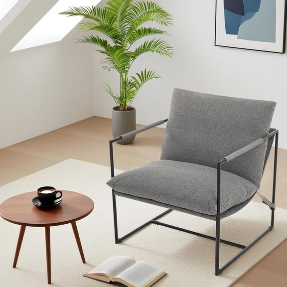 Sling Accent Chair for Living Room,Metal Framed Armchair with Shredded Foam Cushioning, Oversized Comfy Lounge Chair for Reading Rooms Bedrooms Lounge,Light Gray