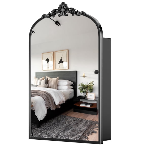 24"x16" Black Vintage Bathroom Medicine Cabinet with Mirror, Wall Mounted Recessed/Surface Mount Storage Cabinet, Black Metal Frame, Easy Installation for Bathroom Vanity