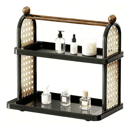 Double-Layer Storage Rack, Desktop Storage Decoration, Detachable Solid Wood Crossbars, Faux Rattan Style Storage Rack (Black)