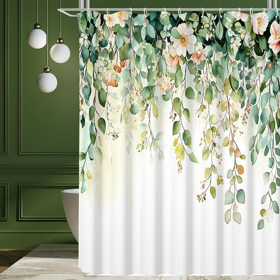 Eucalyptus Shower Curtain Fabric,Green Leaves Watercolor Waterproof Bath Curtain for Bathroom 72x72 Inch