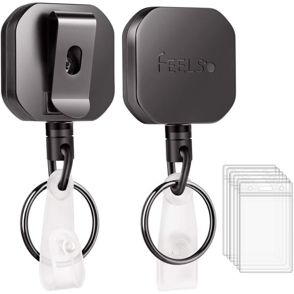 Holder Reel Retractable, FEELSO Metal Heavy Duty Holder with Belt Clip Key Ring and 6pcs ID Card