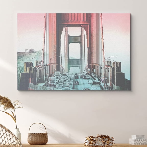 PixonSign Framed Wall Art Print Scenic 80s Bay Bridge and Traffic Pop Culture Cities Photography Realism Rustic Landscape Dramatic Multicolor Neon for Living Room, Bedroom, Office - 32"x48"