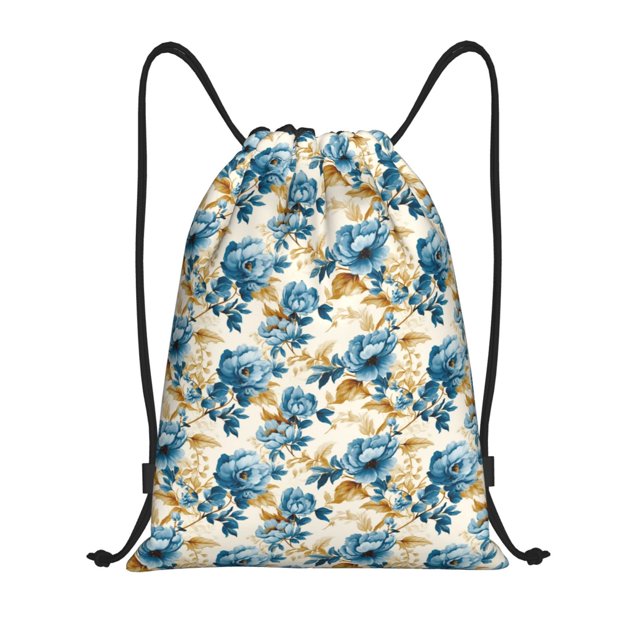 Xecao Vintage Blue Flowers Pattern Sports Drawstring Backpack - String Swim Gym Bag with Wet Proof Pocket for Women&Men-Small