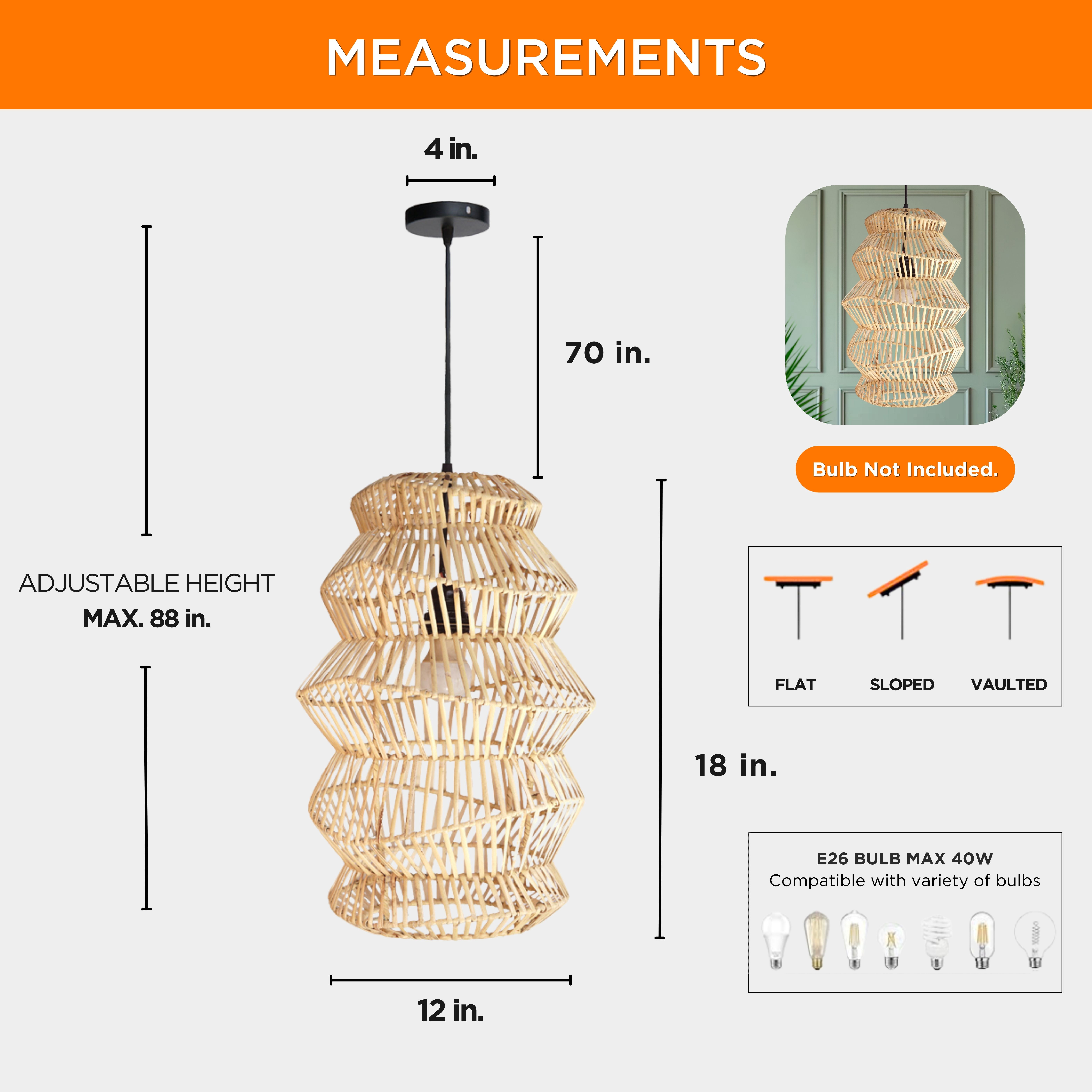 FOREVER BAMBOO Indonesian Hand-Woven Natural Rattan Chandelier Pendant Light Fixture Zig-Zag Shape for Kitchen Island, Living Room, Dining Room, 18 in H x 12 in W