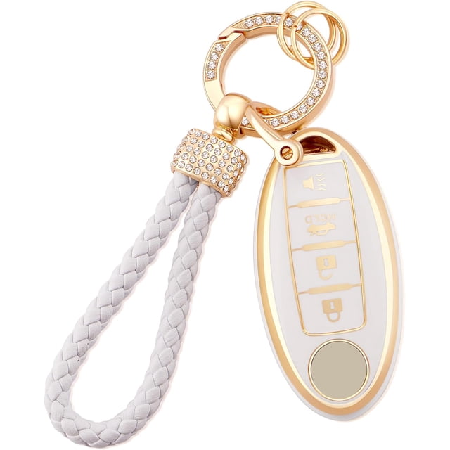 Car Key Fob Cover Fit for Niss-an Altima Rogue Sentra Pathfinder Armada Maxima Murano 5 Buttons Soft TPU Smart Key Case White Key Protector with Bling Leather Keychain,1,white