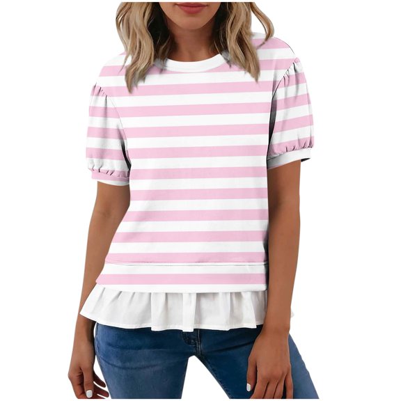Fewfanhot Summer Tops for Women Summer Striped Crewneck T-Shirts Color Block Short Sleeve Tops Casual Basic Tee